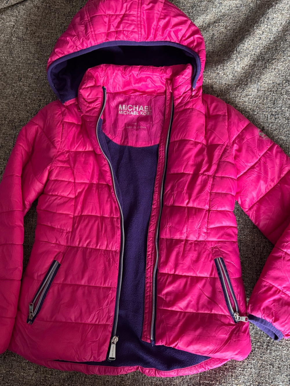 Michael Kors Kids Hot Pink Quilted Hooded Puffer Jacket with Navy Trim